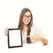 Cute young woman with glasses showing tablet