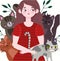 Cute young woman with many cats pet animals cartoon