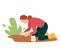 Cute young woman sowing seeds of flowers in the garden in the spring. Female gardener grows plant. Vector illustration