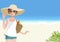 Cute young woman in straw wide brimmed hat smiling at beach