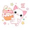 Cute yummy card in kawaii style. Lovely cat with cupcake