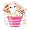 Cute yummy card in kawaii style. Lovely cat with ice cream