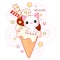 Cute yummy card in kawaii style. Lovely cat with ice cream