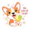 Cute yummy card in kawaii style. Lovely little corgi puppy with ice cream