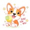 Cute yummy card in kawaii style. Lovely little corgi puppy with ice cream