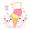 Cute yummy card in kawaii style. Two lovely cats with ice cream