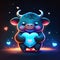 Cute Zebu hugging heart Cute cartoon little baby cow with heart. Vector illustration on a dark background. AI generated