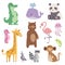 Cute zoo cartoon animals isolated funny wildlife learn cute language and tropical nature safari mammal jungle tall