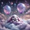 Cutebunny on balloons above clouds purple background