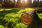 Cuted tree on green meadow at sunset