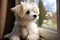 CuteMaltese puppy sits on the windowsill, gazes out the window