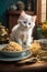 Cuteness Overload: White Kitten Enjoying Spaghetti