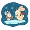 Cuter vector illustration with cute little mouse and bunny characters on snowy winter background celebrating.