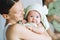 Cutest baby after bath with towel on head.