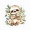 cutest baby sloth surrounded with flowers on white background generative AI