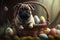 The cutest ever pug sitting in the Easter basket with colourful eggs. Generative ai