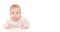Cutest little 4 month old caucasian baby looking at camera lying on stomach on white background  isolated. Copy space