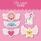 The cutest thing poster set of donut and cloud and heart and star with wings and unicorn over pink background