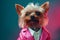 Cutest Yorkie pet in bright pink suit. Generate ai