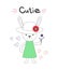 Cutie lettering, vector illustration, bunny in cartoon linear style with realistic pink button detail