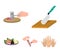 Cutlass on a cutting board, hammer for chops, cooking bacon, eating fish and vegetables. Eating and cooking set