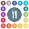 Cutlery flat white icons on round color backgrounds