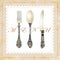 Cutlery on grunge background. vintage spoon, fork, knife, napkin.vector illustration