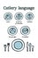 Cutlery language etiquette. Forks and knife on a plate, signs. Vector illustrations.