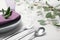 Cutlery, plate and napkin on light background, closeup.