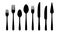 Cutlery silhouettes. Fork spoon knife black icons, silverware silhouettes on white background. Vector cutlery set