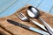 Cutlery spoon, fork, knife lie on the table