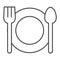 Cutlery thin line icon. Plate dish with fork and knife. Birthday And Anniversary entertainment vector design concept