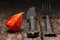 Cutlery on wooden table with Physalis (Chinese lanterns) autumnal Decorated