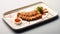 The cutlet is artistically sliced and elegantly presented on a rectangular ceramic plate with a distinct Japanese design