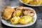 Cutlet cordon bleu and hasselback potatoes