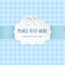 Cutout 3D paper figure frame label with silver satin bow and light blue ribbon on the checkered tile seamless pattern.