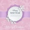 Cutout paper round label with ornamental frame and 3d snowflakes on the soft pink winter background with snowflake silhouettes.