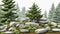 Cutout rock surrounded by fir trees. Garden design isolated on white background.