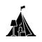 Cutout silhouette of Glamping icon. Outline logo of camping with urban comfort. Black simple illustration of tent with lamp, table