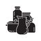 Cutout silhouette Kitchen utensil icon. Saucepan, jug, bottles, dispenser. Outline dishes logo and crockery shop. Black simple