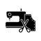 Cutout silhouette of needlework icon. Cartoon sewing machine, scissors, pattern. Outline tailoring pictogram. Black illustration