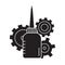 Cutout silhouette Oiler with three cogwheels in background. Outline icon of motor lubricating oil. Black and white simple