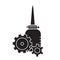 Cutout silhouette Oiler with two cogwheels in foreground. Outline icon of motor lubricating oil. Black illustration. Flat isolated