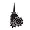 Cutout silhouette Oiler with two gearwheels overlapping each other in foreground. Outline motor lubricating oil. Black simple