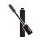 Cutout silhouette Open tube of mascara icon. Outline logo of makeup. Black simple illustration of eyelash brush and container.