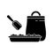 Cutout silhouette Package with scoop, pallet and filler. Black illustration of litter toilet, pet food, gardening soil, building