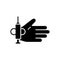 Cutout silhouette of people microchipping icon. Outline black logo of hand, syringe, chip implant. Human palm with microchip under