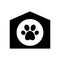 Cutout silhouette Pet house with roof, round entrance, paw print icon. Outline logo for pet shelter. Black illustration. Flat