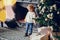 Cutte little boy at home near christmas decorations