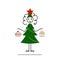 cutte little girl wearing fir christmas tree costume and holding christmas ball and gift box, red star and green dress